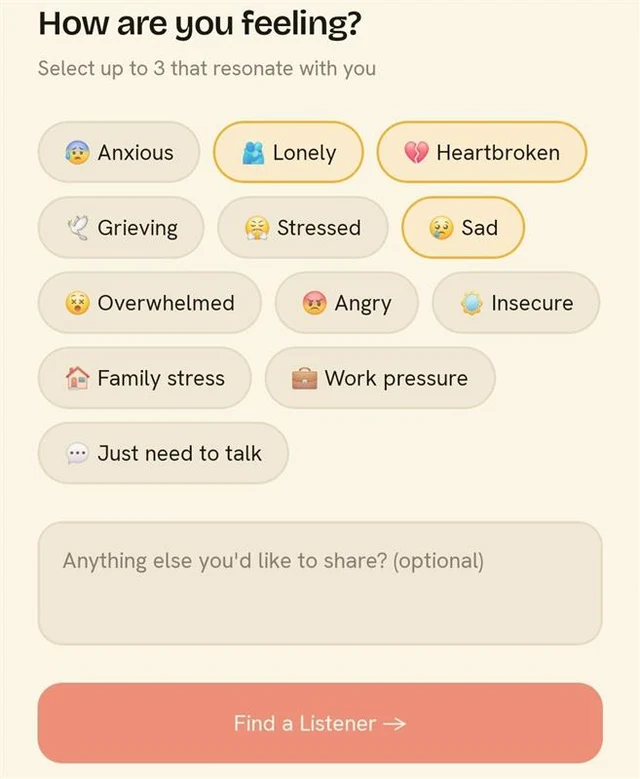 Haven’s “How are you feeling?” screen: feelings such as Anxious, Lonely, Heartbroken and Sad to choose from, a box to share anything else, and a Find a Listener button.